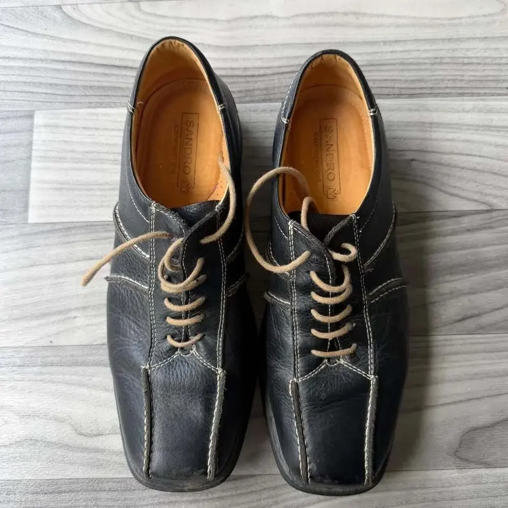 Sandro M Vintage Y2K Black Leather Contrast Stitch Oxford Shoes